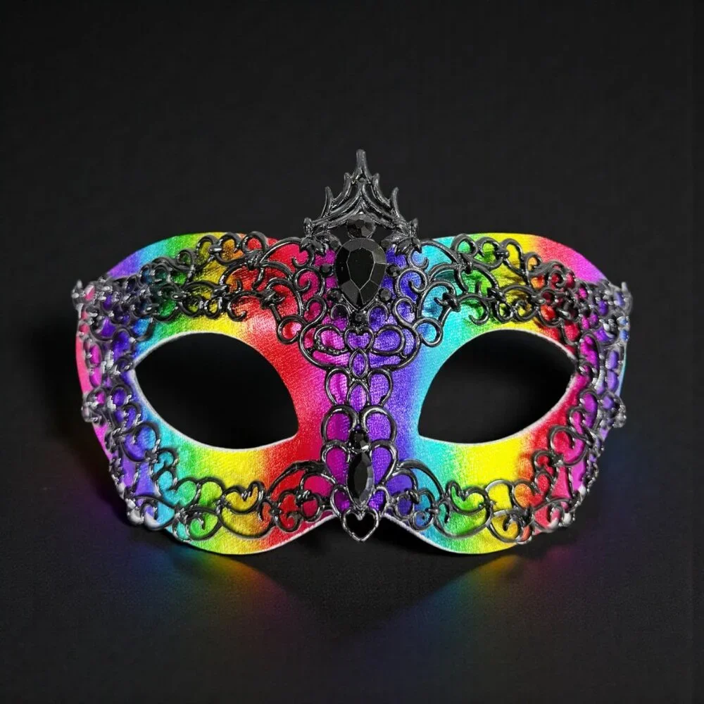 Mens masquerade mask, Black rainbow mask, Venetian mask, Prom mask, 2 in 1 mask